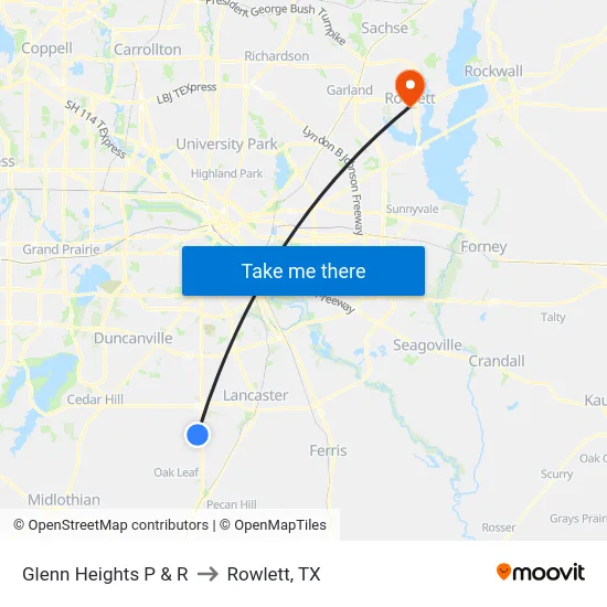 Glenn Heights P & R to Rowlett, TX map