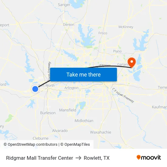 Ridgmar Mall Transfer Center to Rowlett, TX map
