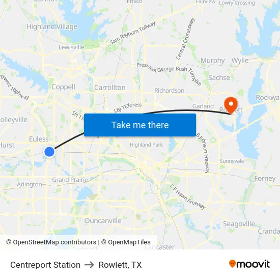 Centreport Station to Rowlett, TX map