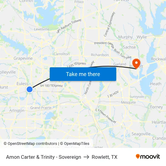Amon Carter & Trinity - Sovereign to Rowlett, TX map