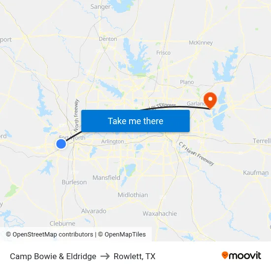 Camp Bowie & Eldridge to Rowlett, TX map