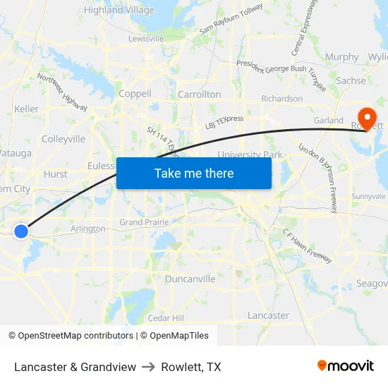 Lancaster & Grandview to Rowlett, TX map