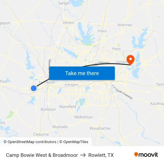 Camp Bowie West & Broadmoor to Rowlett, TX map