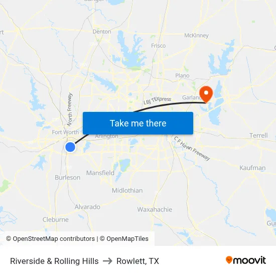 Riverside & Rolling Hills to Rowlett, TX map