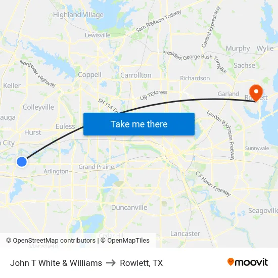 John T White & Williams to Rowlett, TX map