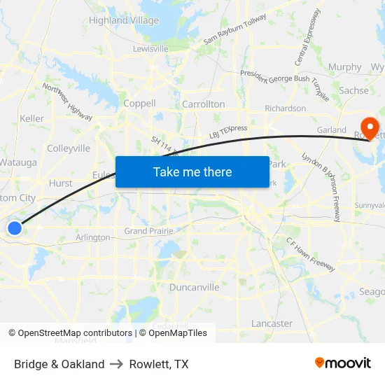 Bridge & Oakland to Rowlett, TX map