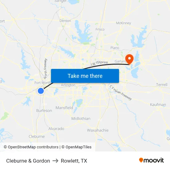 Cleburne & Gordon to Rowlett, TX map