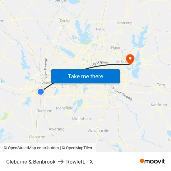 Cleburne & Benbrook to Rowlett, TX map