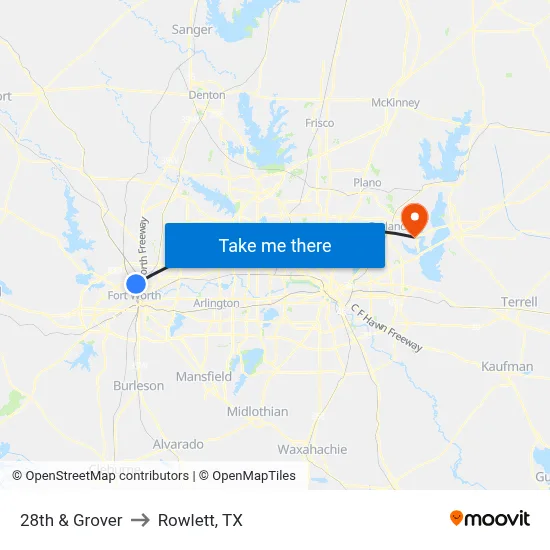 28th & Grover to Rowlett, TX map