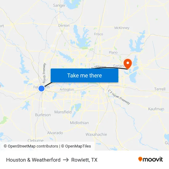 Houston & Weatherford to Rowlett, TX map