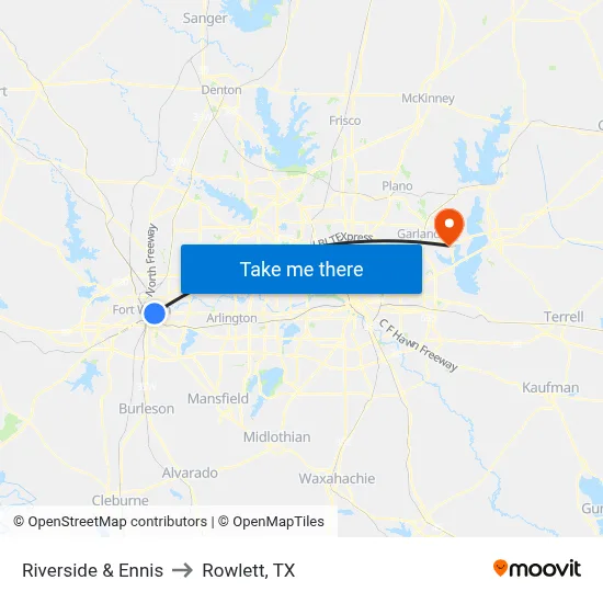 Riverside & Ennis to Rowlett, TX map