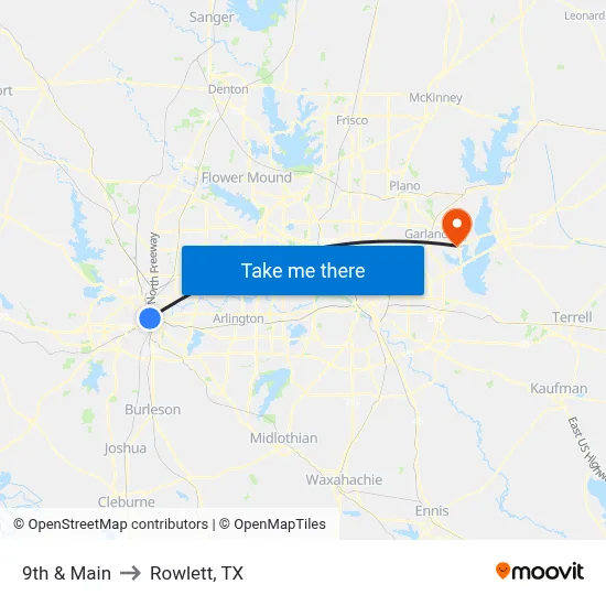 9th & Main to Rowlett, TX map