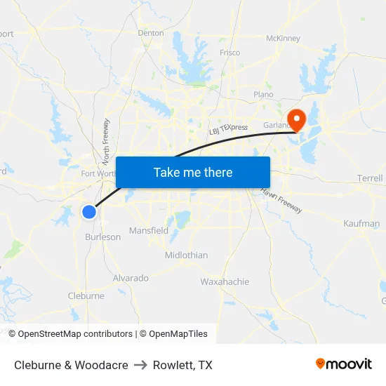 Cleburne & Woodacre to Rowlett, TX map