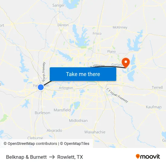 Belknap & Burnett to Rowlett, TX map