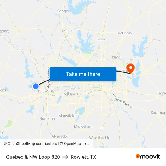 Quebec & NW Loop 820 to Rowlett, TX map