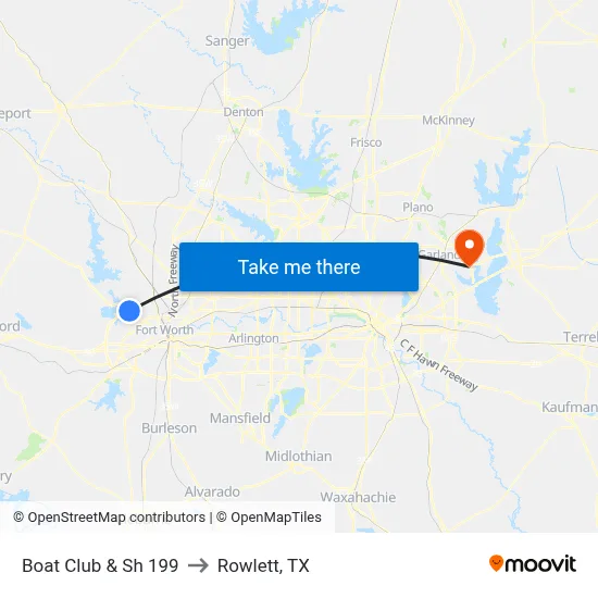 Boat Club & Sh 199 to Rowlett, TX map