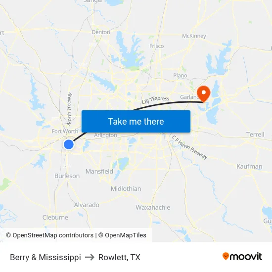 Berry & Mississippi to Rowlett, TX map