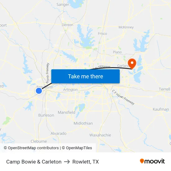 Camp Bowie & Carleton to Rowlett, TX map