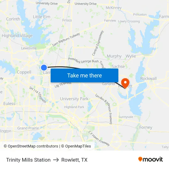 Trinity Mills Station to Rowlett, TX map