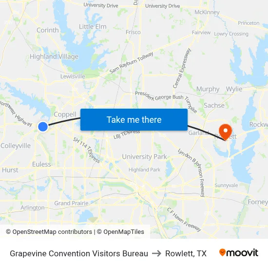 Grapevine Convention Visitors Bureau to Rowlett, TX map
