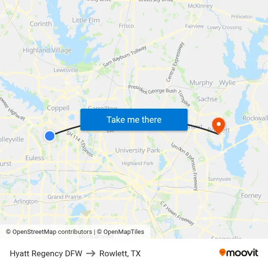 Hyatt Regency DFW to Rowlett, TX map