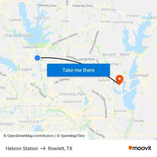 Hebron Station to Rowlett, TX map