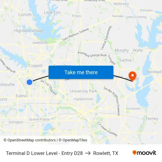 Terminal D Lower Level - Entry D28 to Rowlett, TX map