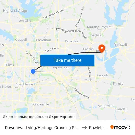 Downtown Irving/Heritage Crossing Station to Rowlett, TX map