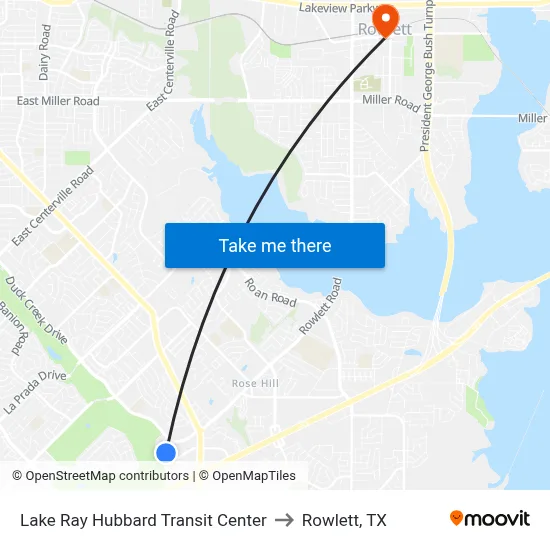 Lake Ray Hubbard Transit Center to Rowlett, TX map