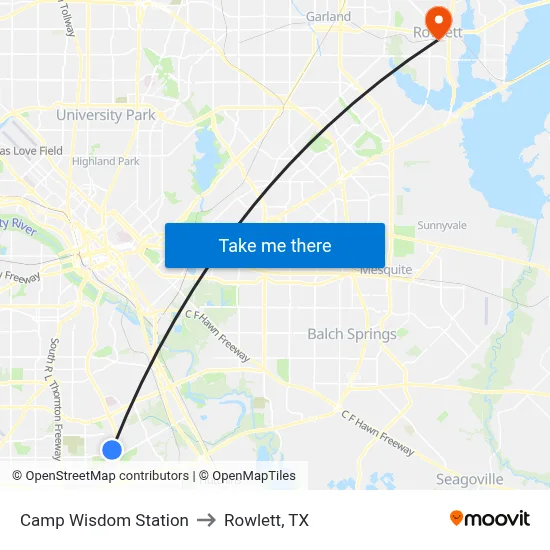 Camp Wisdom Station to Rowlett, TX map