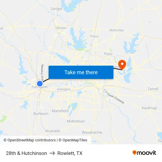 28th & Hutchinson to Rowlett, TX map