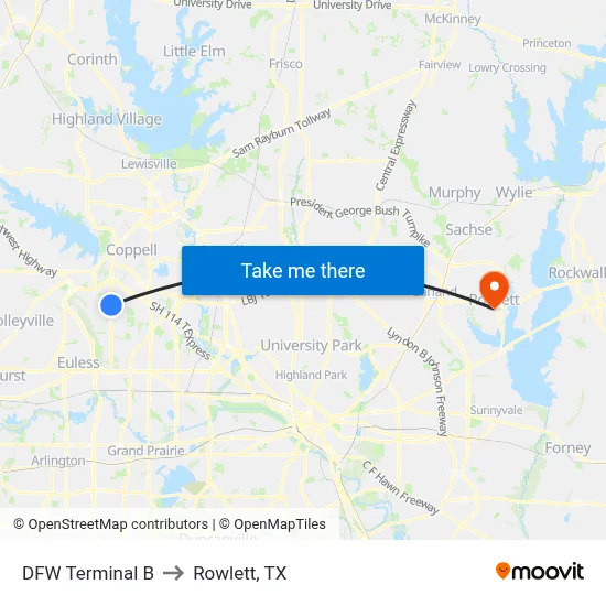 DFW Terminal B to Rowlett, TX map