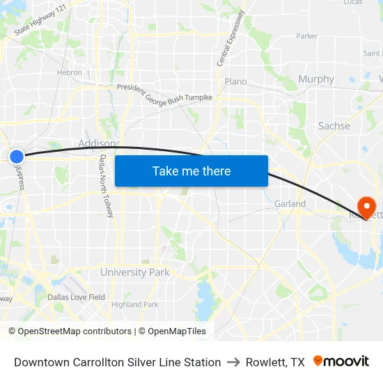 Downtown Carrollton Silver Line Station to Rowlett, TX map