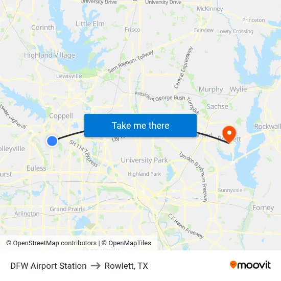 DFW Airport Station to Rowlett, TX map