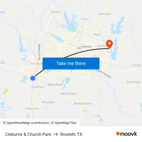 Cleburne & Church Park to Rowlett, TX map