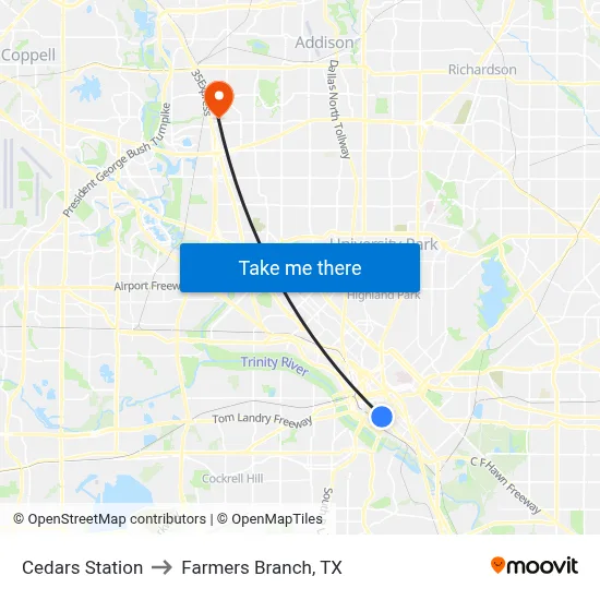 Cedars Station to Farmers Branch, TX map