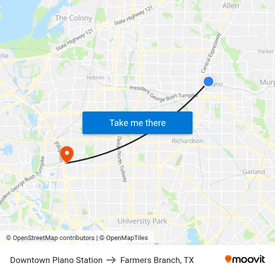 Downtown Plano Station to Farmers Branch, TX map