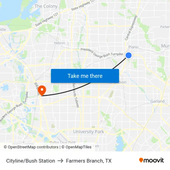 Cityline/Bush Station to Farmers Branch, TX map