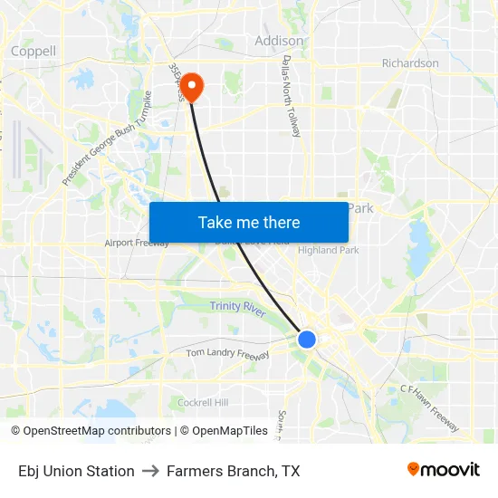 Ebj Union Station to Farmers Branch, TX map