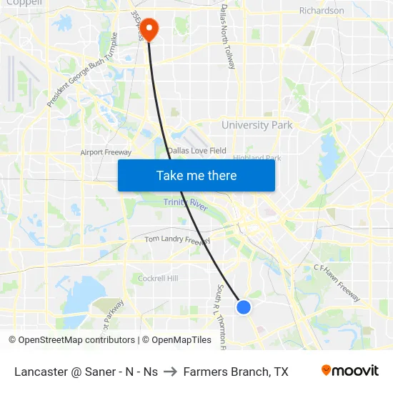 Lancaster @ Saner - N - Ns to Farmers Branch, TX map