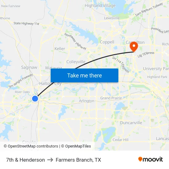 7th & Henderson to Farmers Branch, TX map