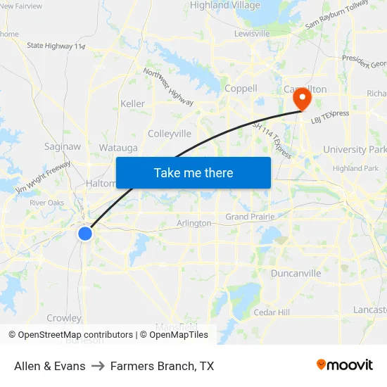 Allen & Evans to Farmers Branch, TX map