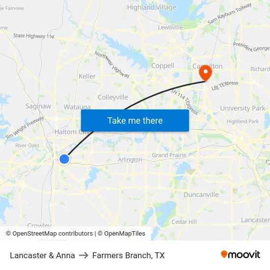 Lancaster & Anna to Farmers Branch, TX map