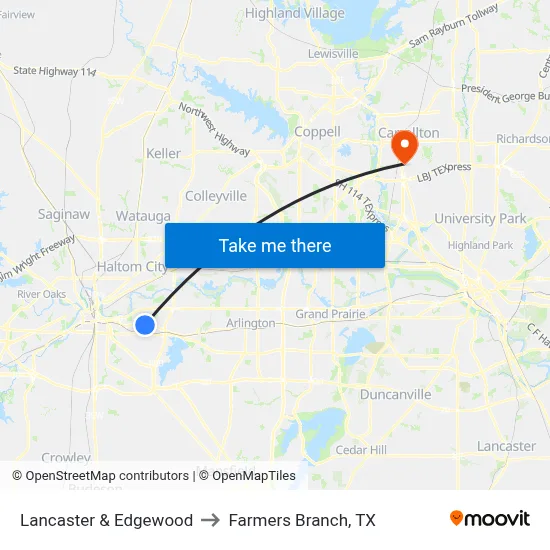 Lancaster & Edgewood to Farmers Branch, TX map