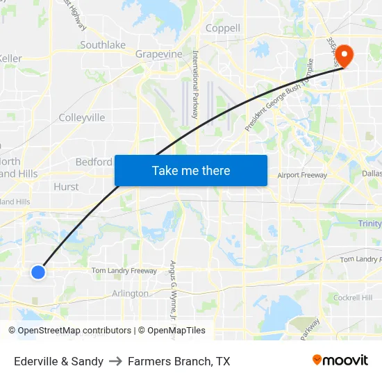Ederville & Sandy to Farmers Branch, TX map