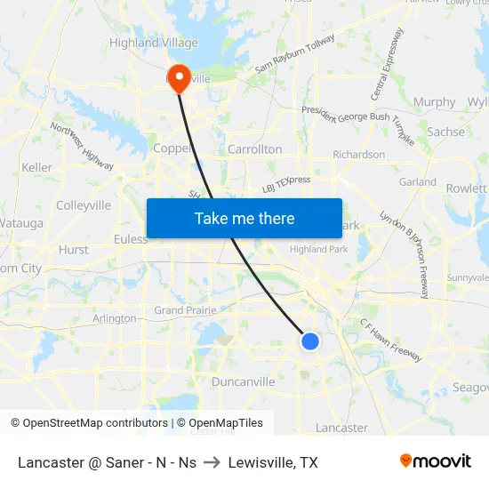 Lancaster @ Saner - N - Ns to Lewisville, TX map