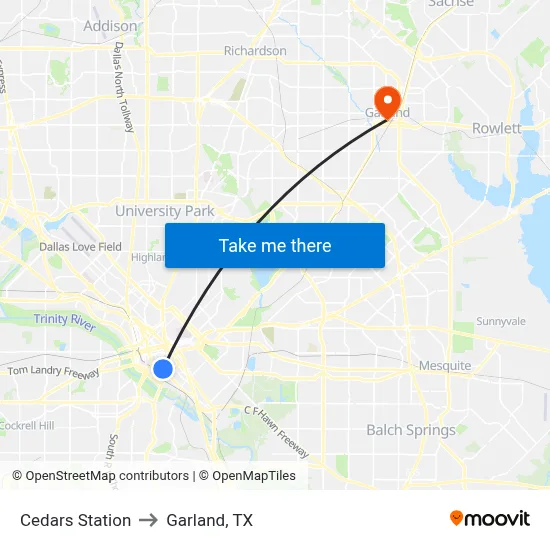 Cedars Station to Garland, TX map