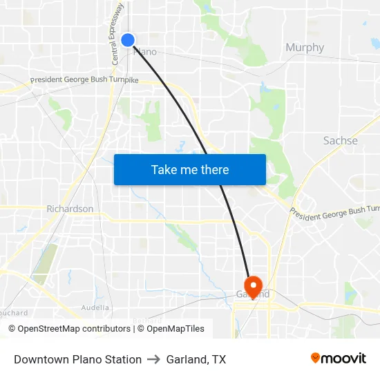 Downtown Plano Station to Garland, TX map