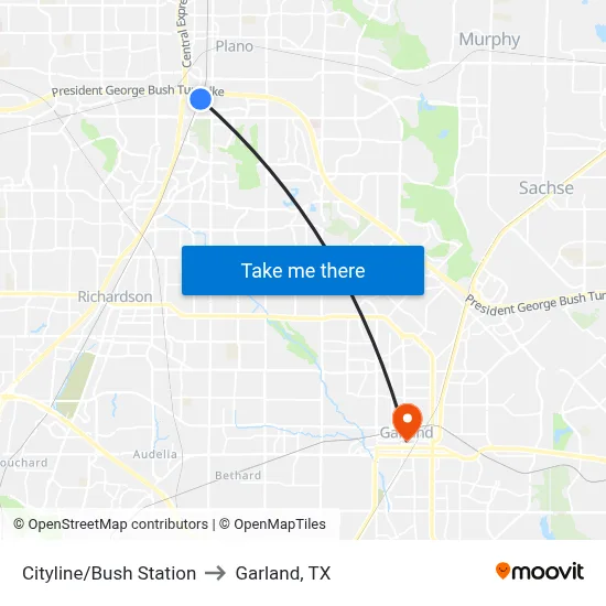 Cityline/Bush Station to Garland, TX map