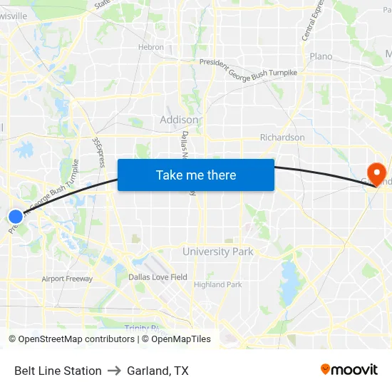 Belt Line Station to Garland, TX map